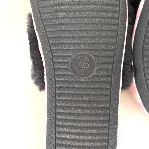 BUNDLE ME! Victoria Secret Satin Pink Striped Slippers with Black Faux Fur Trim - Picture 6 of 7